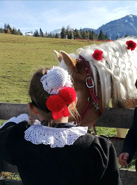Donna in costume tradizionale con un cavallo decorato a festa